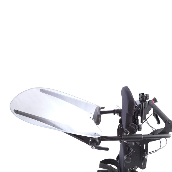 Shadow tray is accessible in all positions and provides anterior support as user moves from sitting to standing. Adjustable in depth, height, and tray angle. Tray size is 21”x24” (53x61cm). Not available with Mobile option.