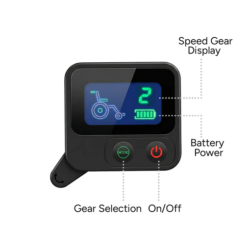 Digital display with speed, gear, battery power, and mode control indicators on a white background. rear mounted Q5 