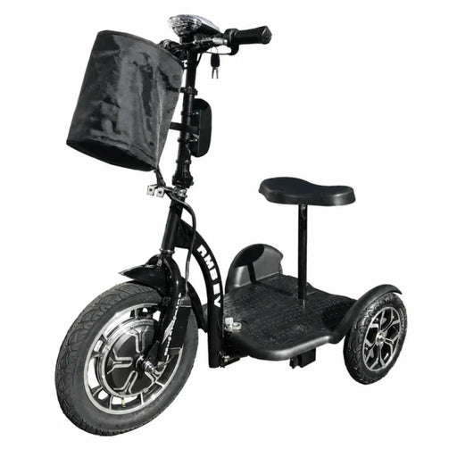 Black RMB Multi-Point QR Quick-Release Folding Mobility Scooter front left view with front storage bag
