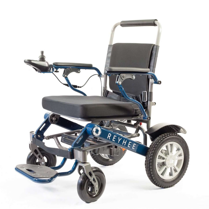 REYHEE Roamer 200W 24V Foldable Electric Wheelchair- Blue Side View