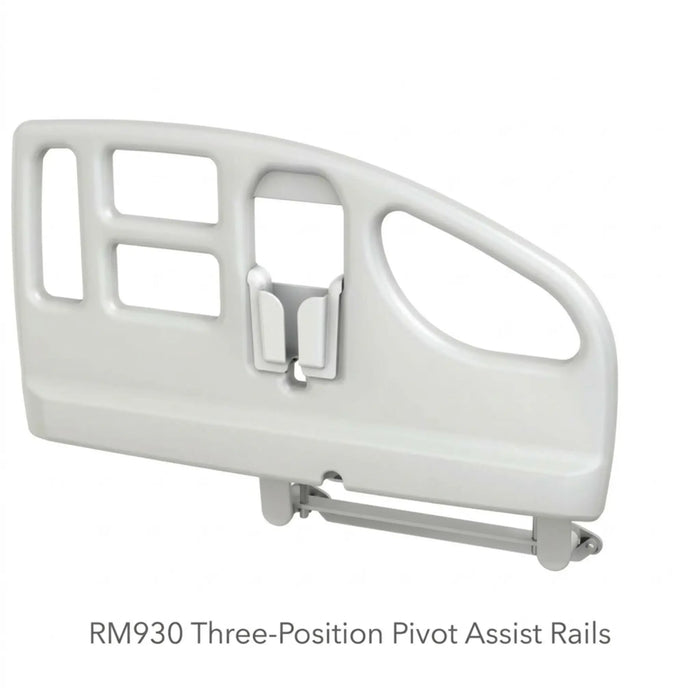 White three-position pivot assist rail on a white background with text 'RM930 Three-Position Pivot Assist Rails'.