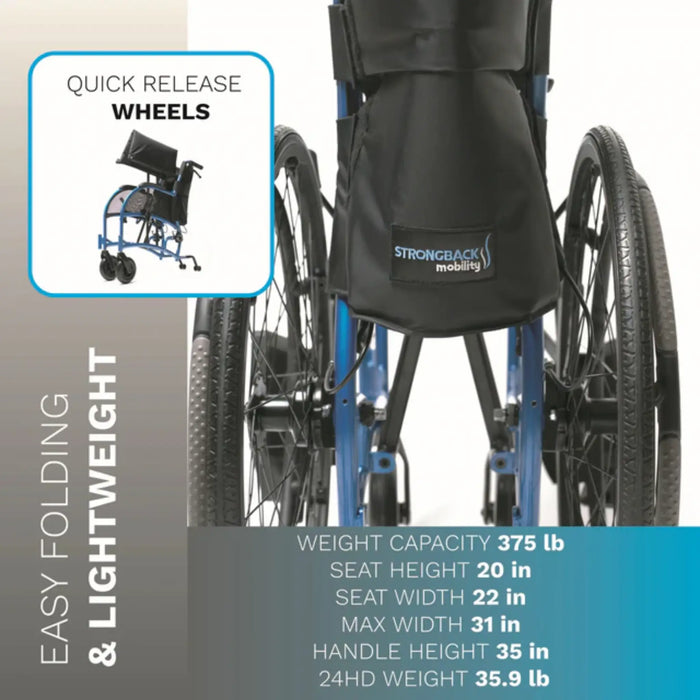 STRONGBACK 24HD Heavy Duty Folding Manual Wheelchair - Quick Release Rear Wheels