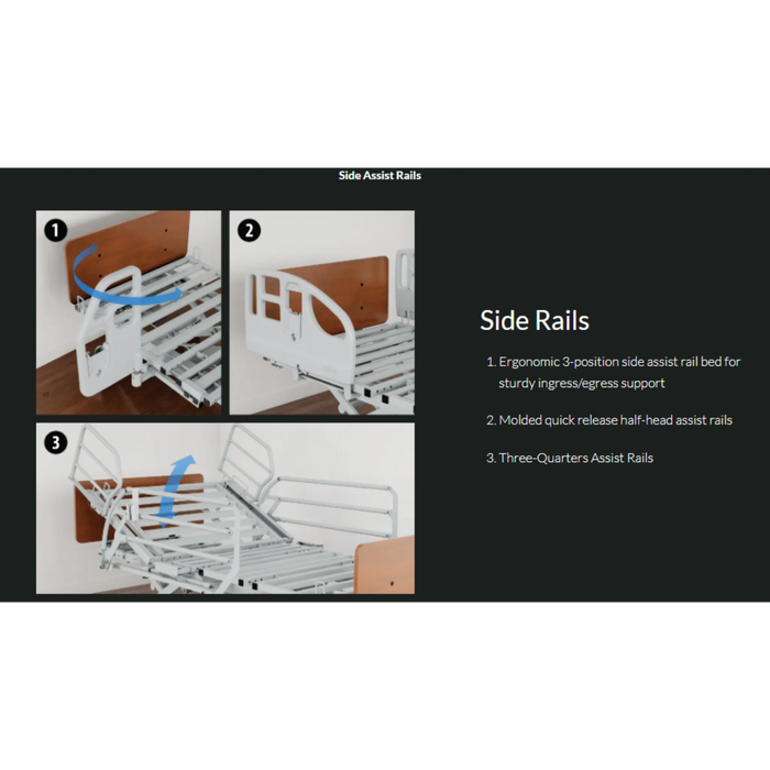 Illustrations of side assist rails for a bed with text describing features. Span ready Wide 