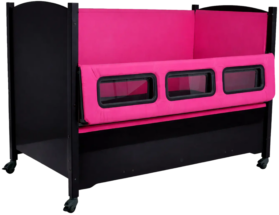 Sleepsafer Sleepsafe Tall bed black wood with Pink inetrnal padding around the windows and deck