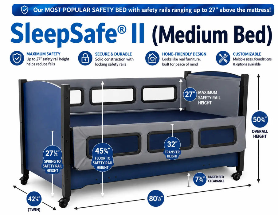 SleepSafe II safety bed with features and dimensions highlighted Sleepsafe Medium Bed 