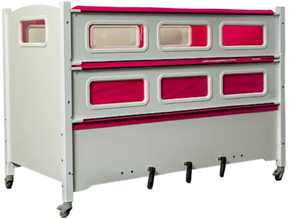 Sleepsafer Tall bed Children's hospital bed with pink and clear panels on a white background