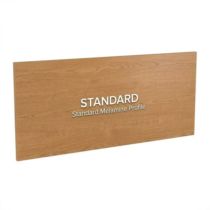 Wooden panel with 'STANDARD Standard Melamine Profile' text on a white background