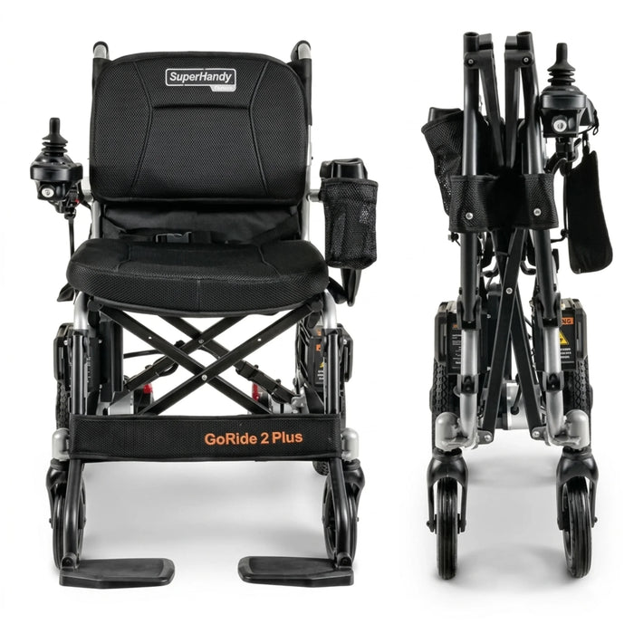SuperHandy GoRide 2 Plus Folding Electric Wheelchair Front & Folded View