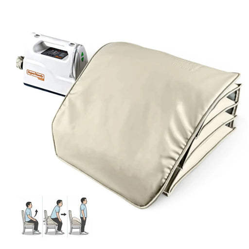 SuperHandy GoRise Air Electric Seat Cushion Lift with pump showing how a person is helped getting up from sitting position