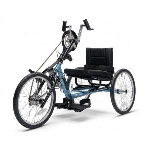 Three-wheeled recumbent bike on a white background Top End Sports Adaptive Sports excelerator Handcycle Blue frame 
