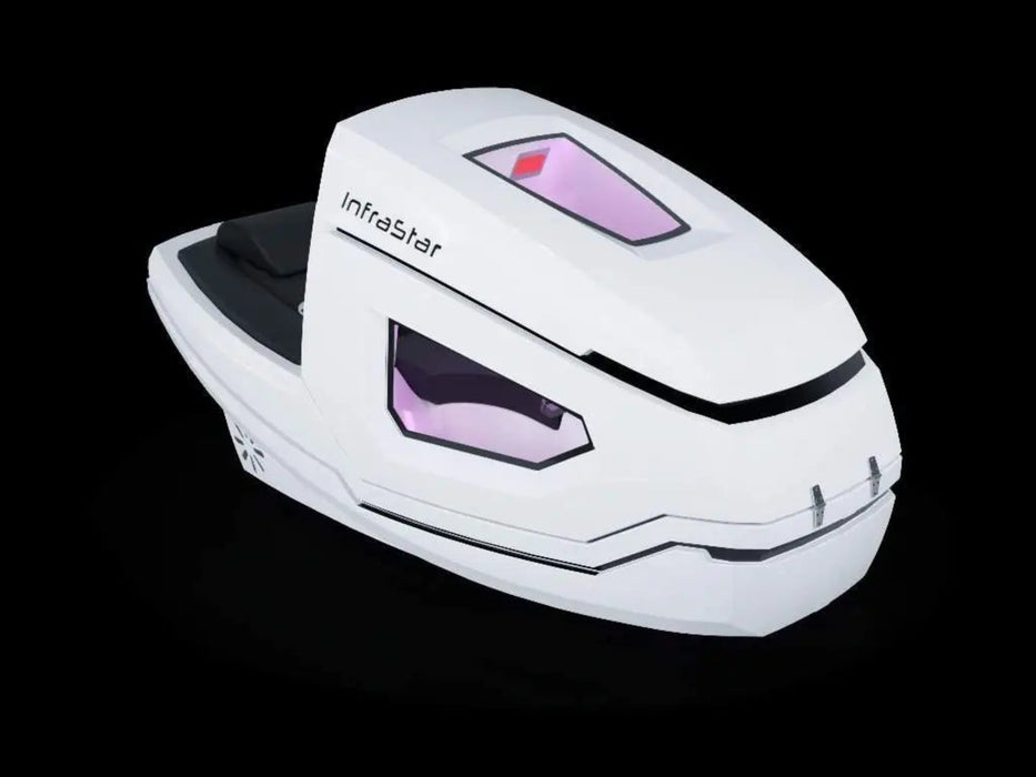 White futuristic device with pink accents on a black background   Vacuactivus InfraStar Exercise Bike 
