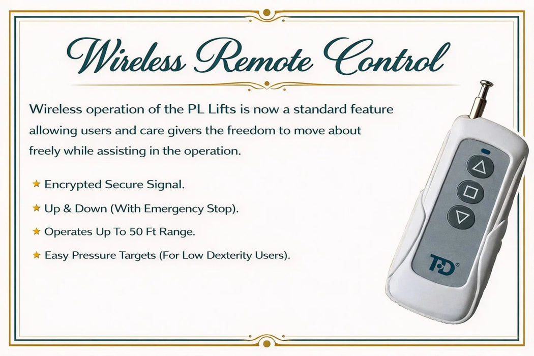 A wireless remote control for PLifts residentail wheelcahir lift, featuring a white plastic body with a gray control panel and four buttons, shown on a light beige background with descriptive text and a gold border.