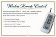 A wireless remote control for PLifts residentail wheelcahir lift, featuring a white plastic body with a gray control panel and four buttons, shown on a light beige background with descriptive text and a gold border.