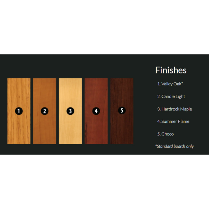 Wooden finish samples with labels on a black background