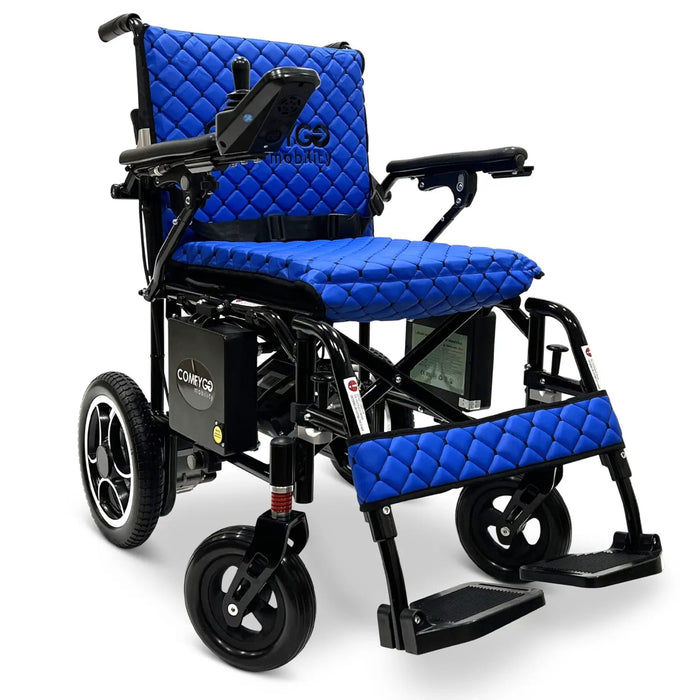 Blue and black electric wheelchair on a white background X7BlackFrameBlueTextile