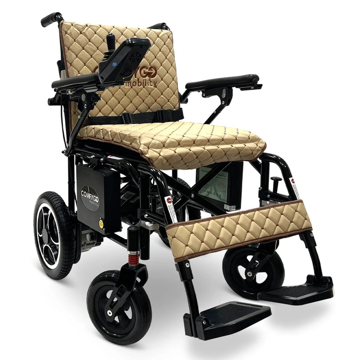 Beige and black mobility wheelchair with quilted design on a white X7BlackFrameCoffeeTextilebackground