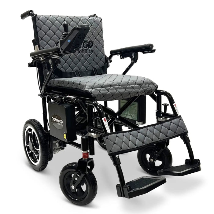 Black and gray electric wheelchair with quilted seat on a white background X7BlackFrameGreyTextile