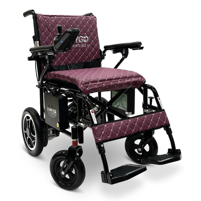Mobility wheelchair with quilted purple seat and backrest on a white X7BlackFramePurpleTextilebackground