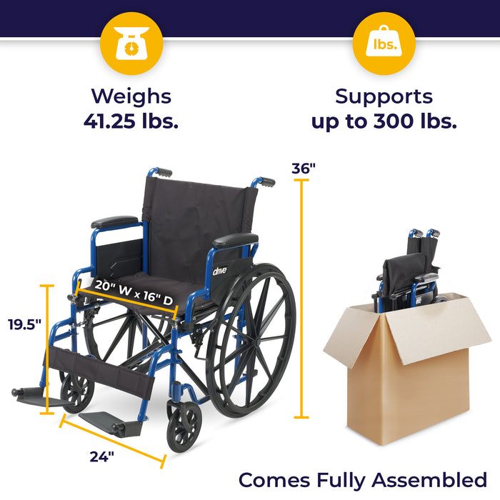 Blue Streak Wheelchair with Flip Back Desk Arms, Swing Away Footrests, 20" Seat