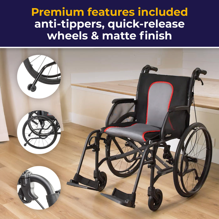 AeroFly Ultra-Lite Wheelchair, Matte Black, 18" Seat, Anti-Tipper and Quick Release Wheel Detail