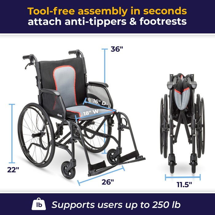 AeroFly™ Ultra-Lite Wheelchair, Matte Black, 18" Dimensions