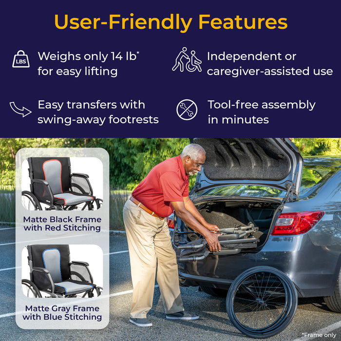 AeroFly Ultra-Lite Wheelchair, Matte Black, 20" Seat, Folded for Storage with Frame and Stitching Color Feature
