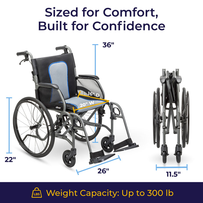 AeroFly Ultra-Lite Wheelchair, Matte Gray, 20" Seat, Dimensions and Weight Capacity