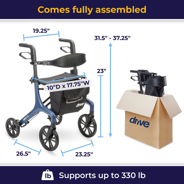 AeroWalk Ultra-Lite Rollator, Blue, Dimensions