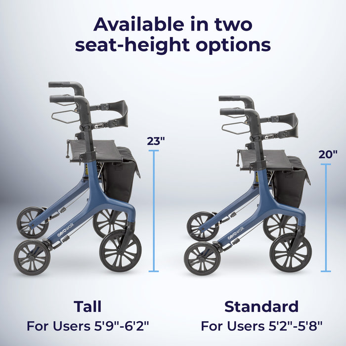 AeroWalk Ultra-Lite Rollator, Blue, Standard vs Tall Handle Comparison