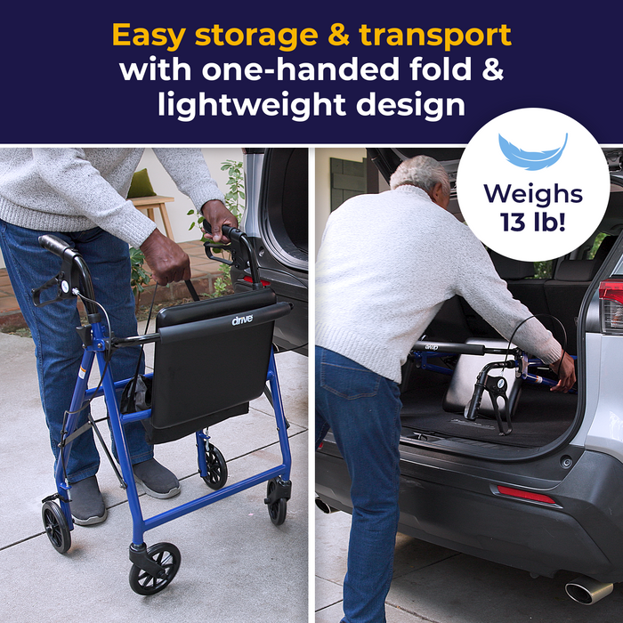Aluminum Rollator with 6 Inch Casters, Blue, being folded for transport
