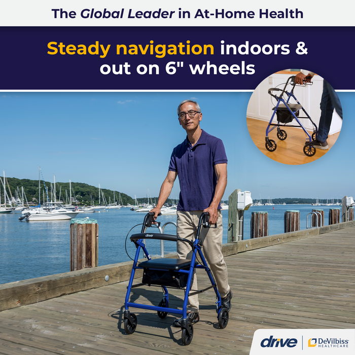 Aluminum Rollator with 6 Inch Casters, Blue, In Use Walking
