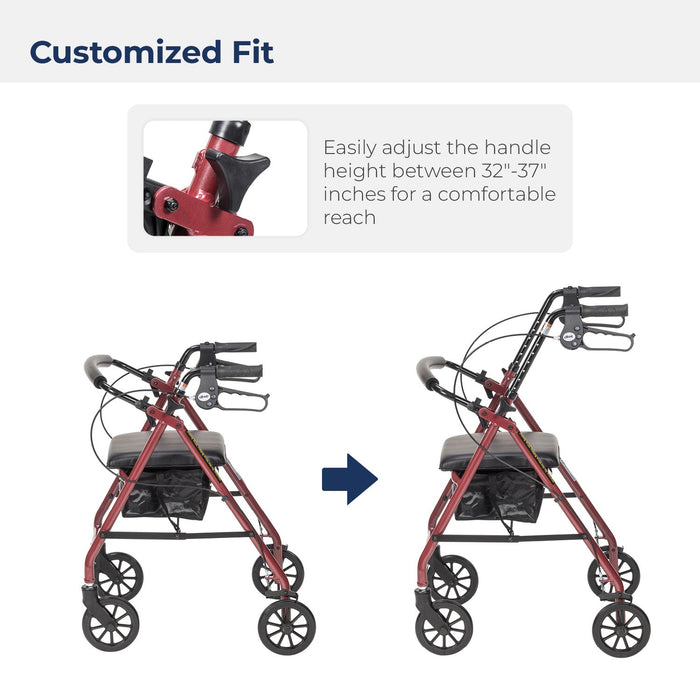 Aluminum Rollator with 6 Inch Casters, Red, Height-Adjustable Handles and Knob