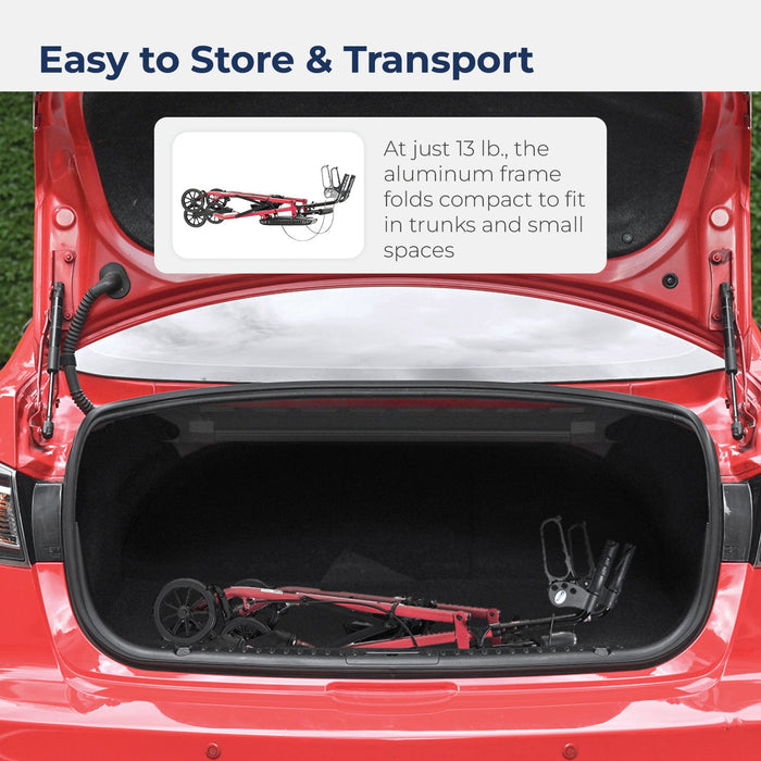 Aluminum Rollator with 6 Inch Casters, Red, Folded for Storage in a Car trunk