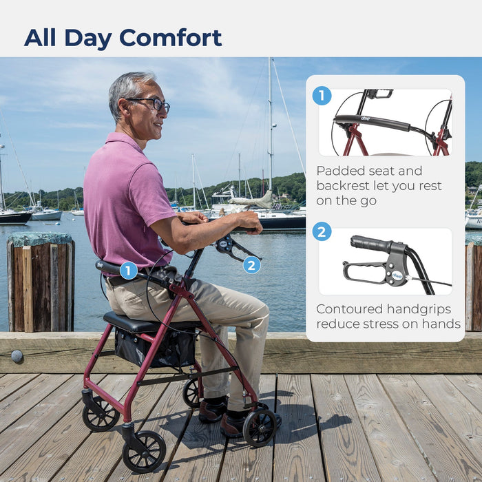 Aluminum Rollator with 6 Inch Casters, Red, Seated Use