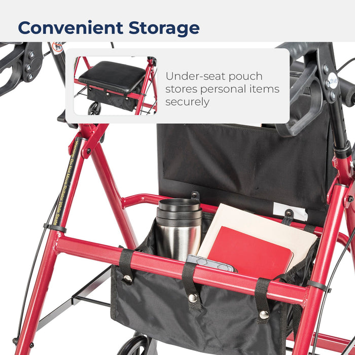Aluminum Rollator with 6 Inch Casters, Red, Zippered Under-Seat Pouch