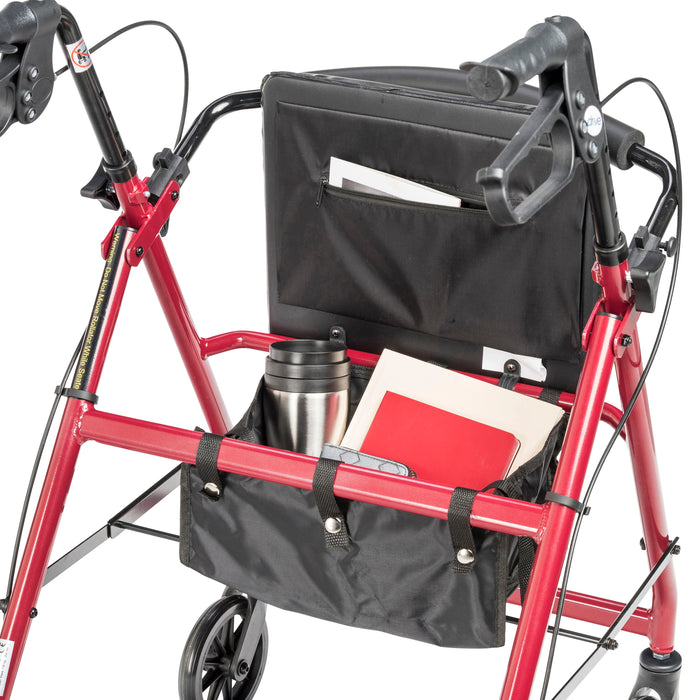 Aluminum Rollator with 6 Inch Casters, Red, Zippered Under-Seat Pouch