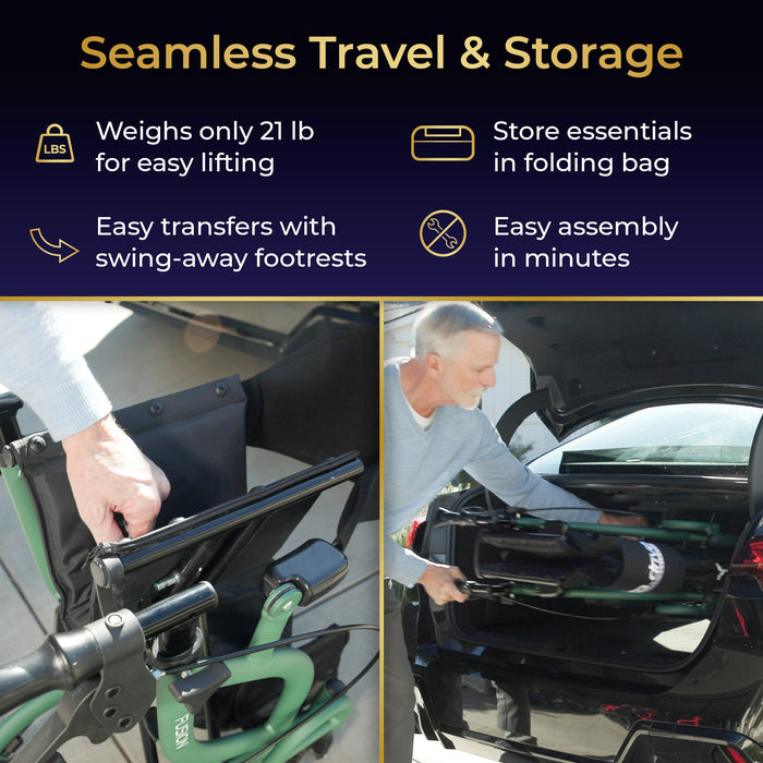 Fusion Rollator Transport Chair, Forest, Padded Seat and Backrest Detail