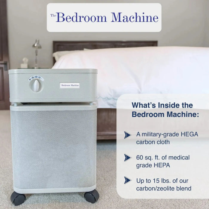 Austin Air Bedroom Machine air purifier in bedroom with HEGA carbon and HEPA filter features listed