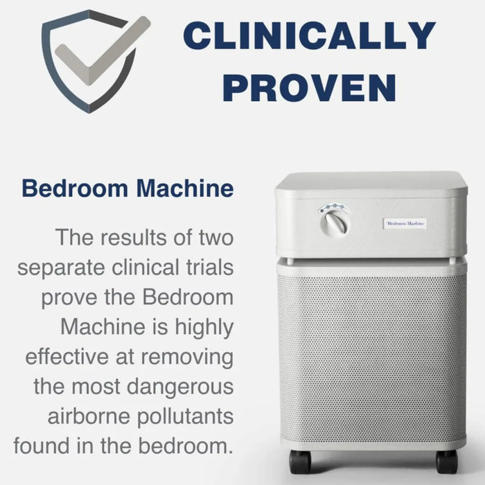 Austin Air Bedroom Machine air purifier clinically proven performance graphic with product image