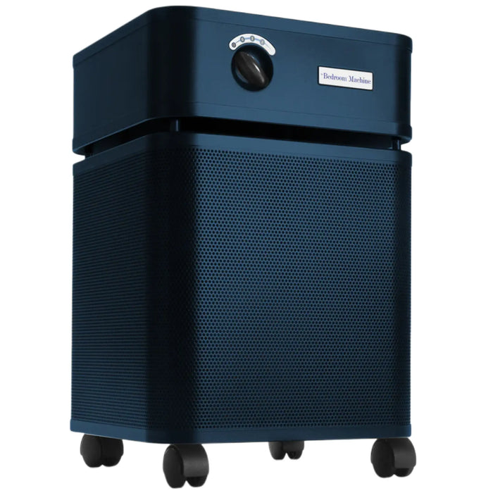 Austin Air Bedroom Machine air purifier midnight blue front angle view on casters