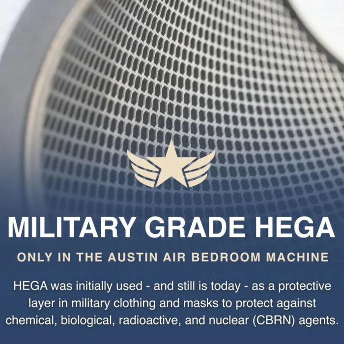 Austin Air Bedroom Machine HEGA carbon cloth close up with gas adsorption and virus protection callouts
