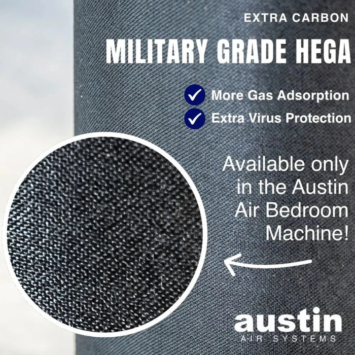 Austin Air Bedroom Machine military grade HEGA filtration infographic with CBRN protection explanation