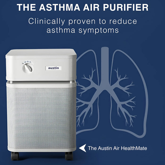Austin Air HealthMate air purifier asthma symptom reduction graphic with lungs illustration