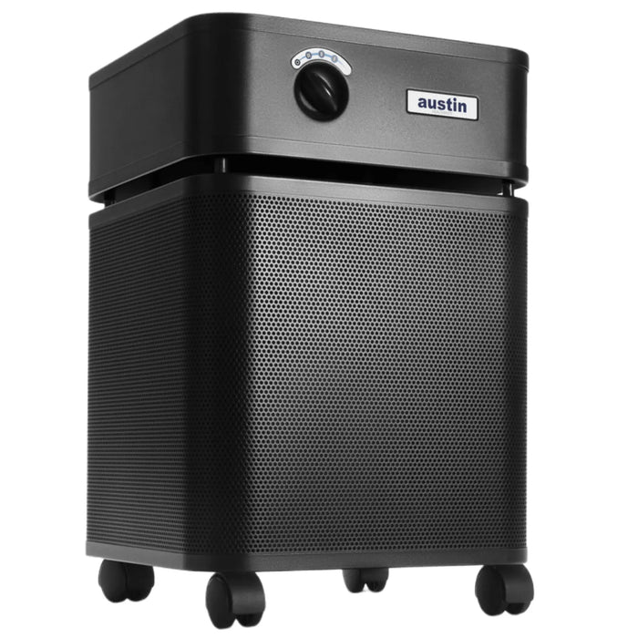Austin Air HealthMate air purifier black front angle view on casters