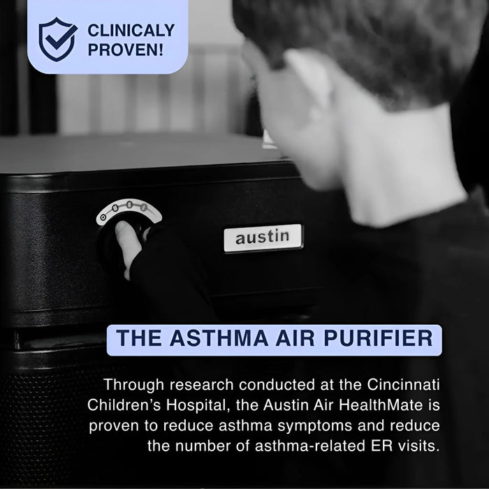 Austin Air HealthMate air purifier clinically proven asthma air purifier graphic with user adjusting controls