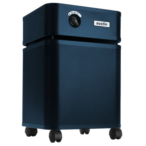 Austin Air HealthMate air purifier midnight blue front angle view on casters