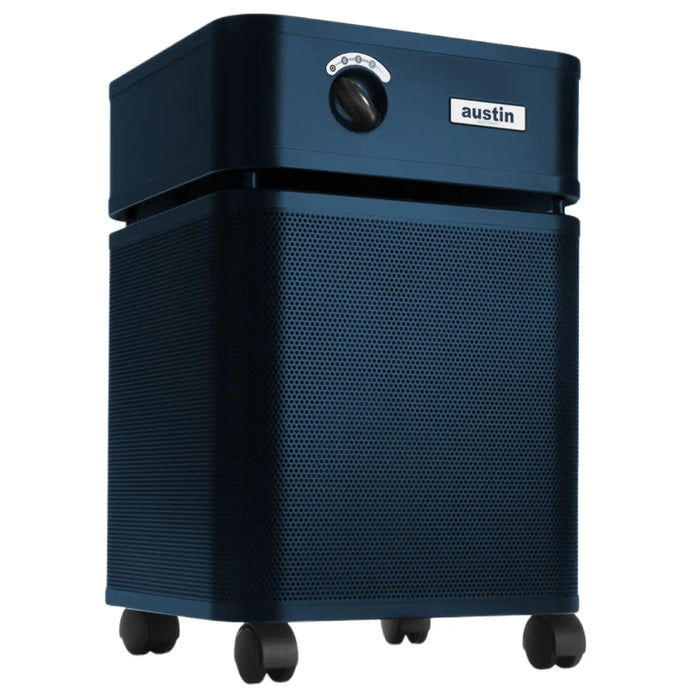 Austin Air HealthMate air purifier midnight blue front angle view on casters