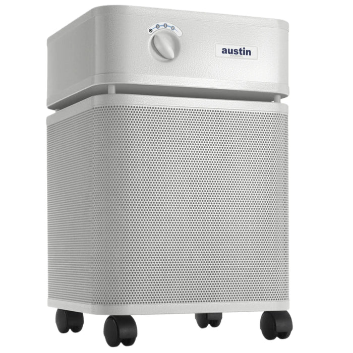 Austin Air HealthMate air purifier sandstone front angle view on casters