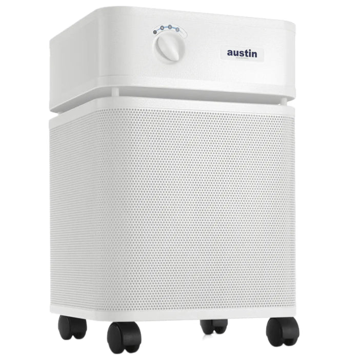 Austin Air HealthMate air purifier white front angle view on casters