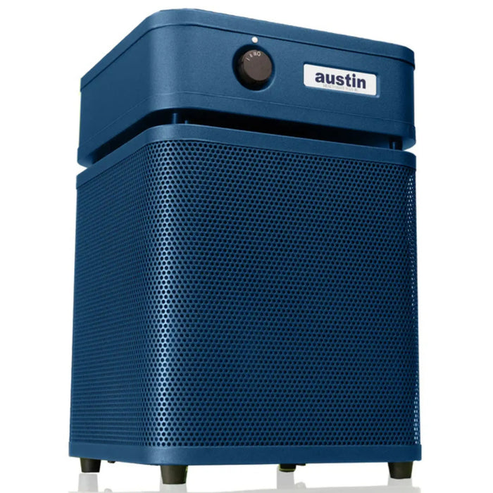 Austin Air HealthMate Junior air purifier in midnight blue finish on a white background